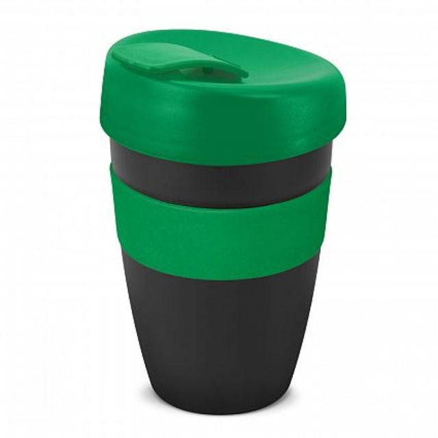 Set of 12 double wall reusable coffee cups in black and dark green, designed for comfort and heat retention.