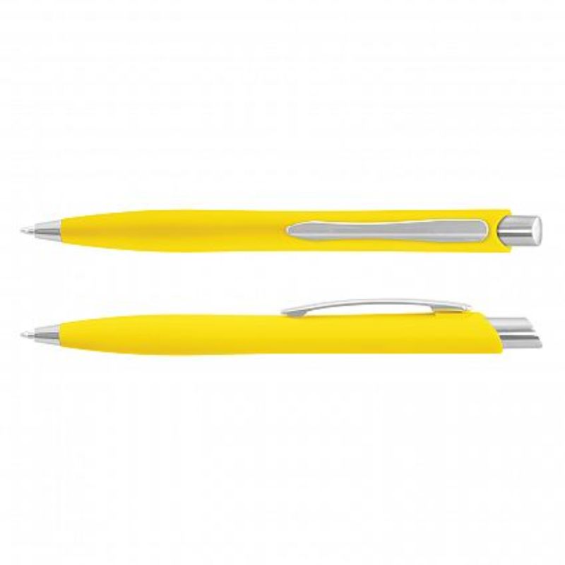 Set of 100 yellow Javalin pens featuring a soft-touch finish, retractable design, and high-quality blue ink for smooth writing.