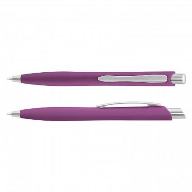 Set of 100 purple Javalin pens with a soft-touch finish, retractable design, and 1200 meters of smooth writing ink.