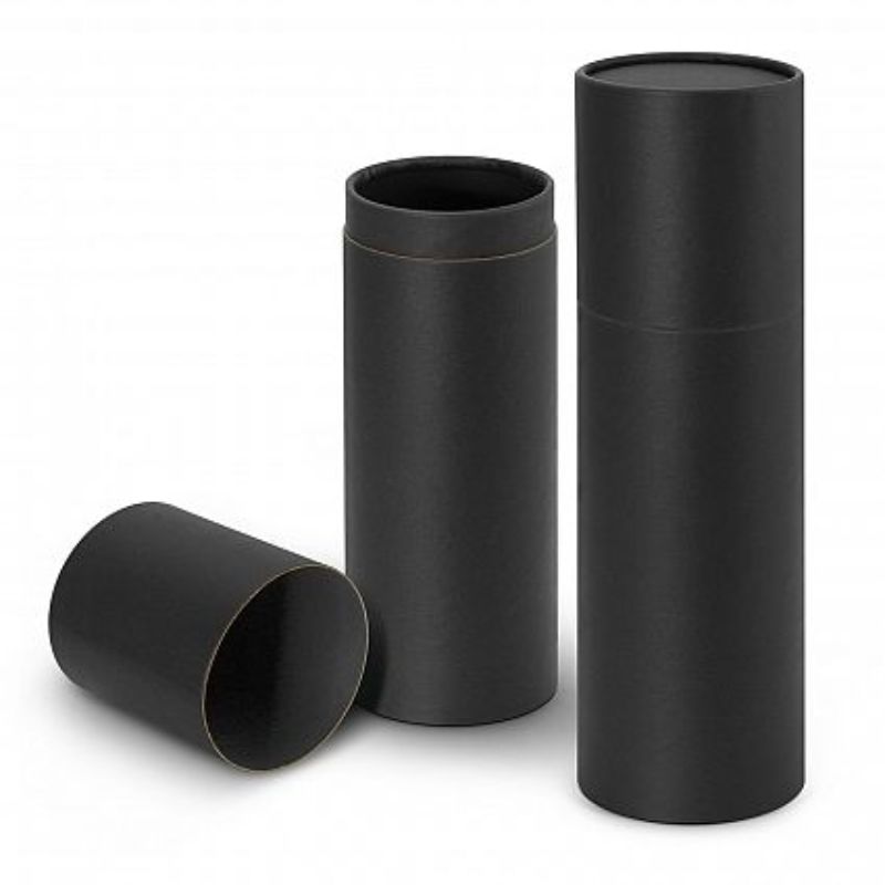 Elegant black gift tubes for drink bottles, set of 12, with secure lids for stylish presentation. Ideal for special occasions.