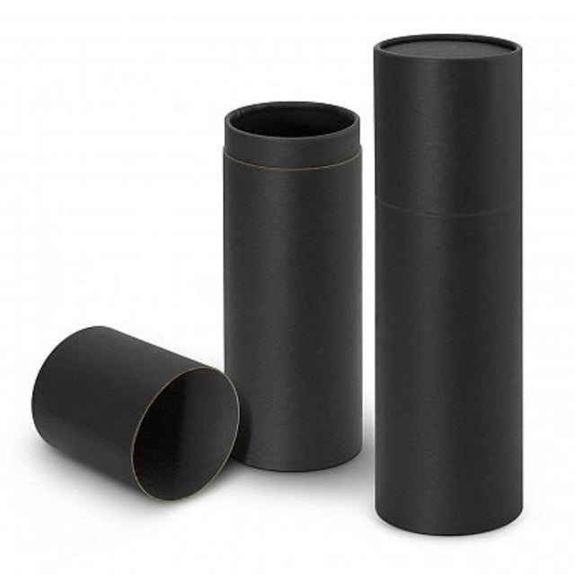 Elegant black gift tubes for drink bottles, set of 12, with secure lids for stylish presentation. Ideal for special occasions.