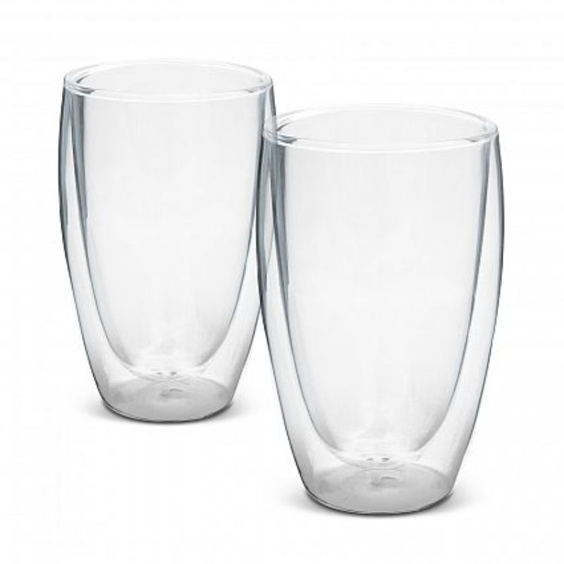Clear Tivoli double wall glass set (410ml) showcasing stylish design, heat retention, and cool-to-touch exterior for hot or cold beverages.