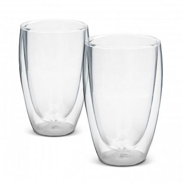 Clear Tivoli double wall glass set (410ml) showcasing stylish design, heat retention, and cool-to-touch exterior for hot or cold beverages.
