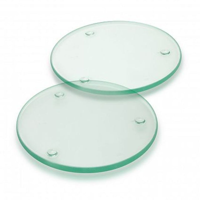 Elegant round glass coasters in a chic black gift box, featuring non-skid pads for stability and scratch protection.