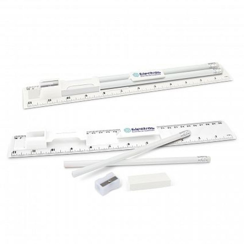 Sleek white stationery set with 30cm ruler, pencils, sharpener, and eraser, perfect for students and professionals.