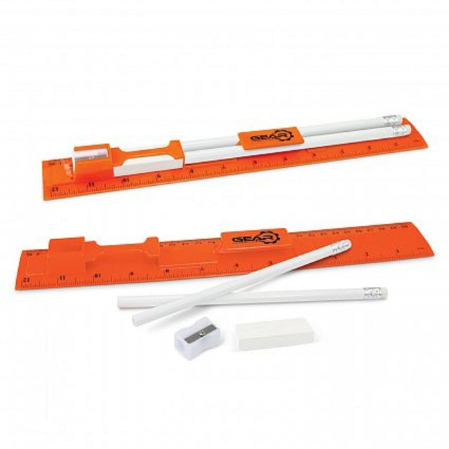 Vibrant orange stationery set of 30 includes a ruler, pencils, sharpener, and eraser, perfect for creative projects.