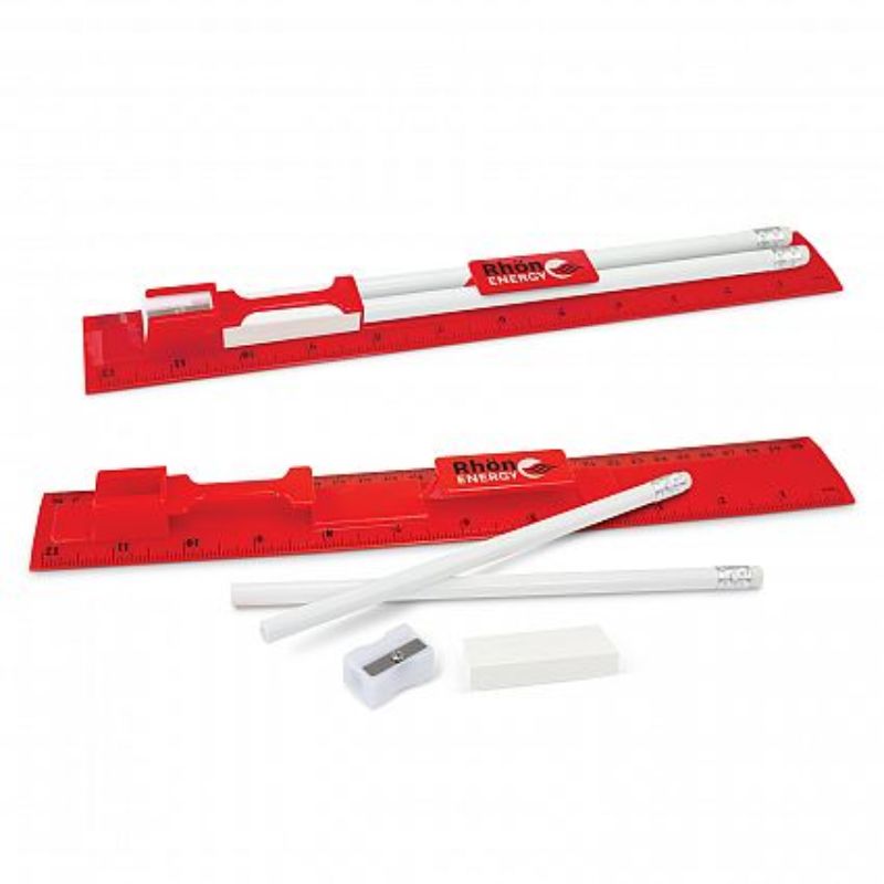 Vibrant red stationery set featuring a ruler, pencils, sharpener, and eraser, ideal for students and professionals.