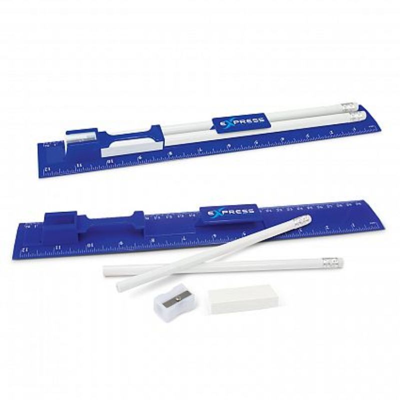 Dark blue stationery set featuring a 30cm ruler, unsharpened pencils, sharpener, and eraser, ideal for students and professionals.