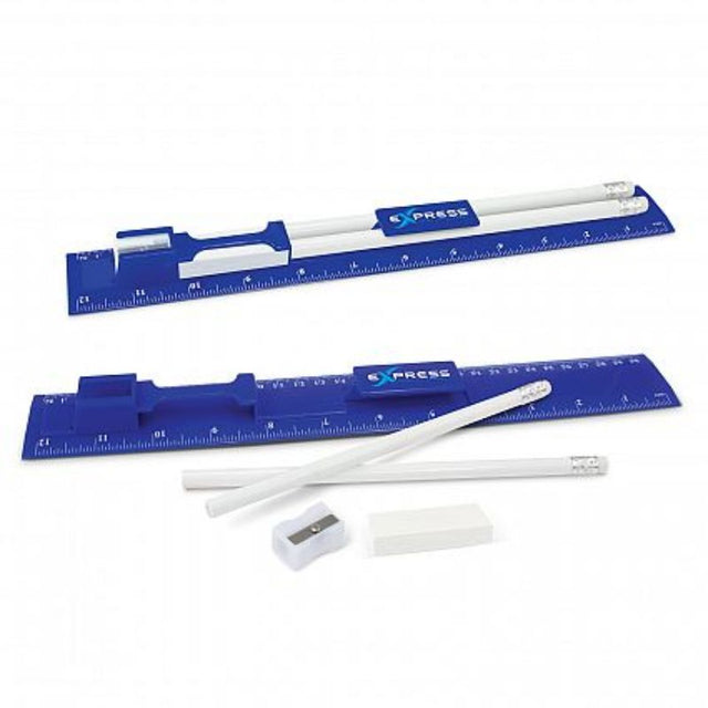 Dark blue stationery set featuring a 30cm ruler, unsharpened pencils, sharpener, and eraser, ideal for students and professionals.