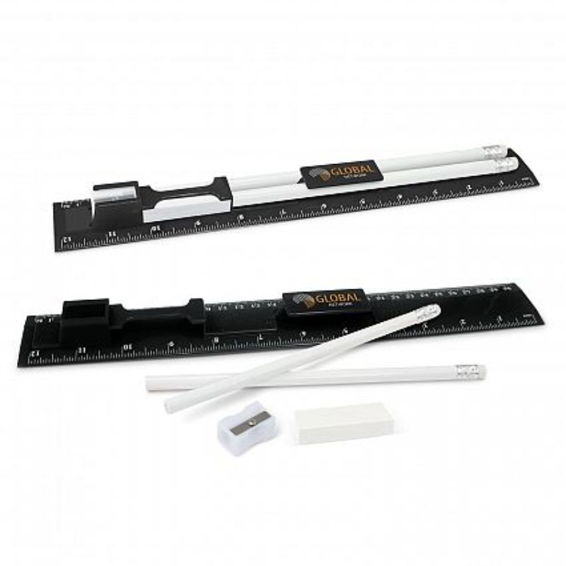 Sleek black stationery set with 30 pieces, including a ruler, pencils, sharpener, and eraser for versatile writing and measuring.