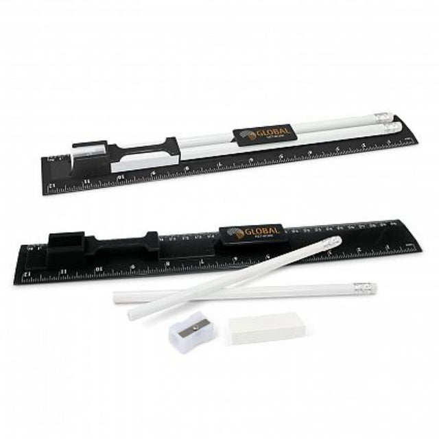 Sleek black stationery set with 30 pieces, including a ruler, pencils, sharpener, and eraser for versatile writing and measuring.