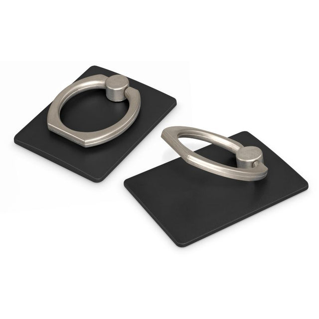 Vega Phone Grip in black, a set of 50, offers a low-profile design with a metal ring for secure grip and stand functionality.