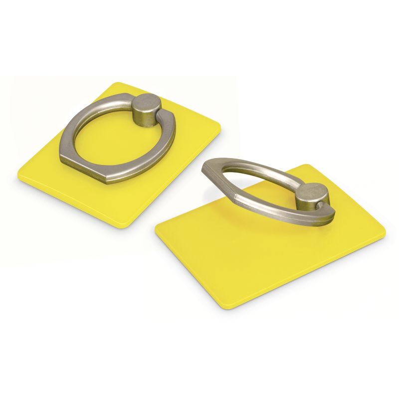 Set of 50 vibrant yellow Vega Phone Grips with a metal ring for secure hold and hands-free stand functionality.