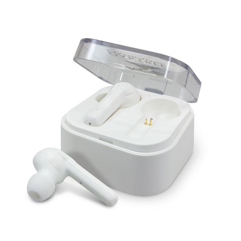White Tempo Bluetooth Earbuds in a compact case, offering up to three hours of playtime and crystal-clear sound for music and calls.