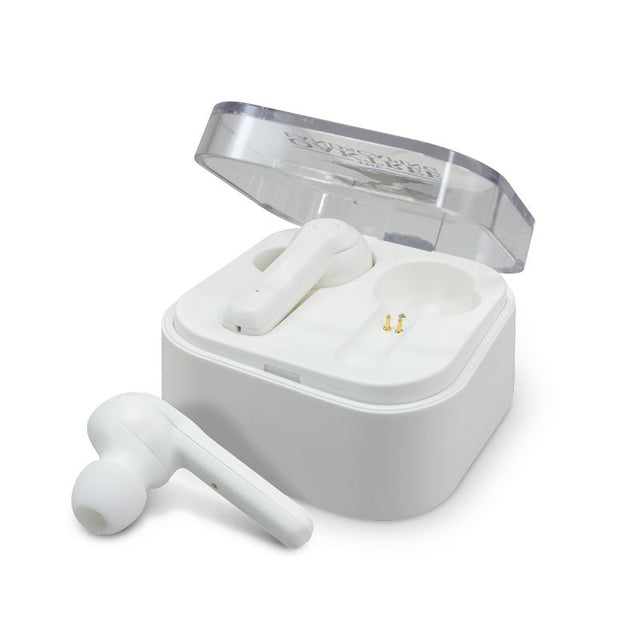 White Tempo Bluetooth Earbuds in a compact case, offering up to three hours of playtime and crystal-clear sound for music and calls.