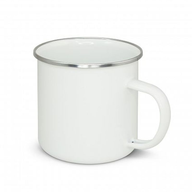 Set of 12 durable white enamel mugs, 500ml, perfect for outdoor use and elegant gatherings. Ideal for camping and picnics.
