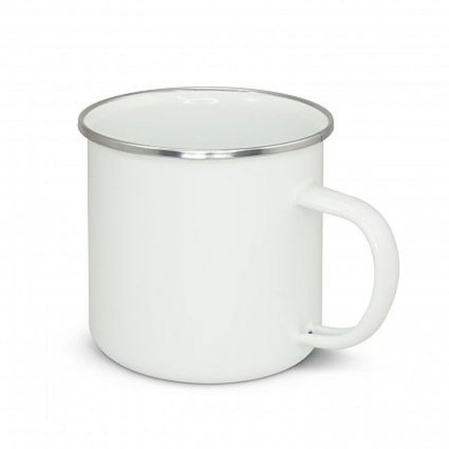 Set of 12 durable white enamel mugs, 500ml, perfect for outdoor use and elegant gatherings. Ideal for camping and picnics.