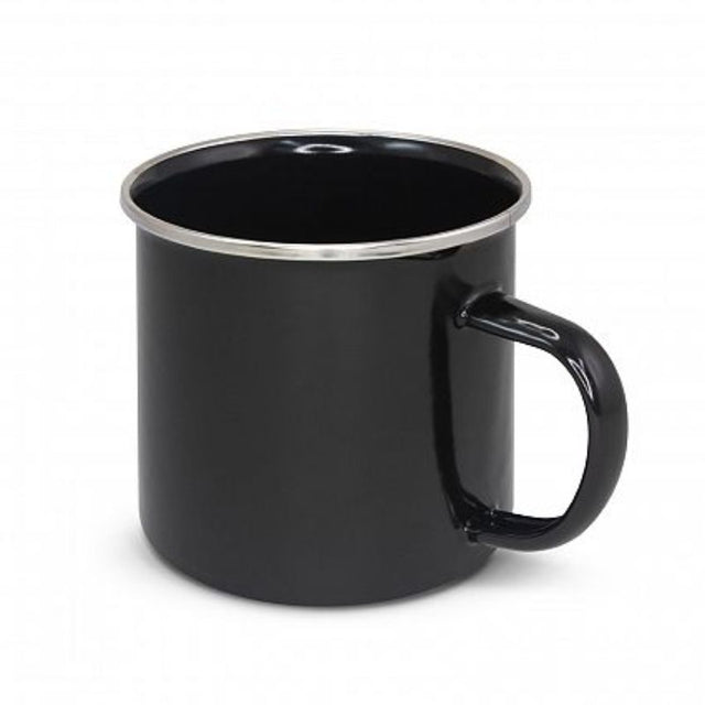 Set of 12 black Bendigo enamel mugs, 500ml, durable, lightweight, perfect for outdoor adventures and gatherings.