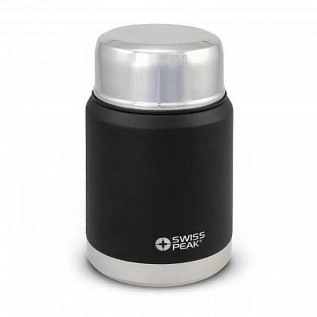 Swiss Peak Elite Copper Vacuum Food Container (500ml) in black, featuring double wall insulation, serving bowl, and foldable spoon.