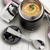 Black Swiss Peak Elite Copper Vacuum Food Container (500ml) with double wall insulation, serving bowl, and foldable spoon.
