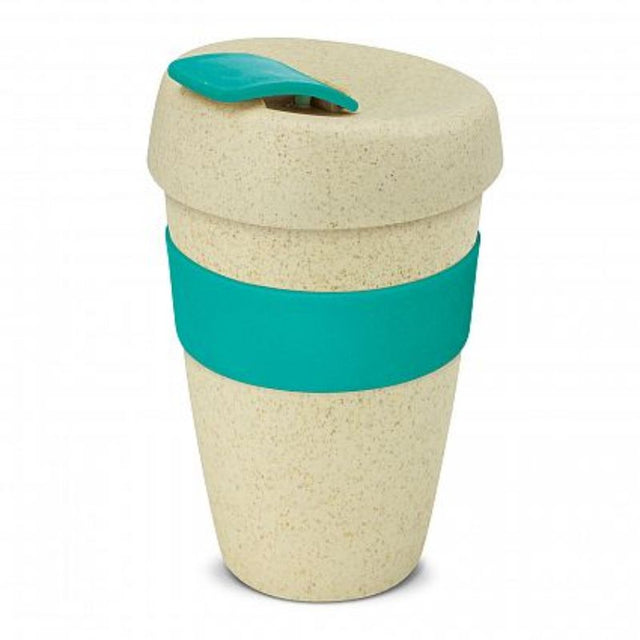 Set of 12 eco-friendly 480ml coffee cups made from rice husk and BPA-free polypropylene in natural and teal colors.