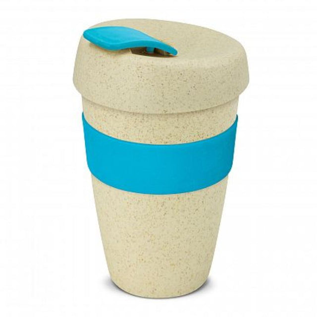 Set of 12 eco-friendly 480ml light blue reusable coffee cups made from rice husk and BPA-free material, featuring a splashproof lid.