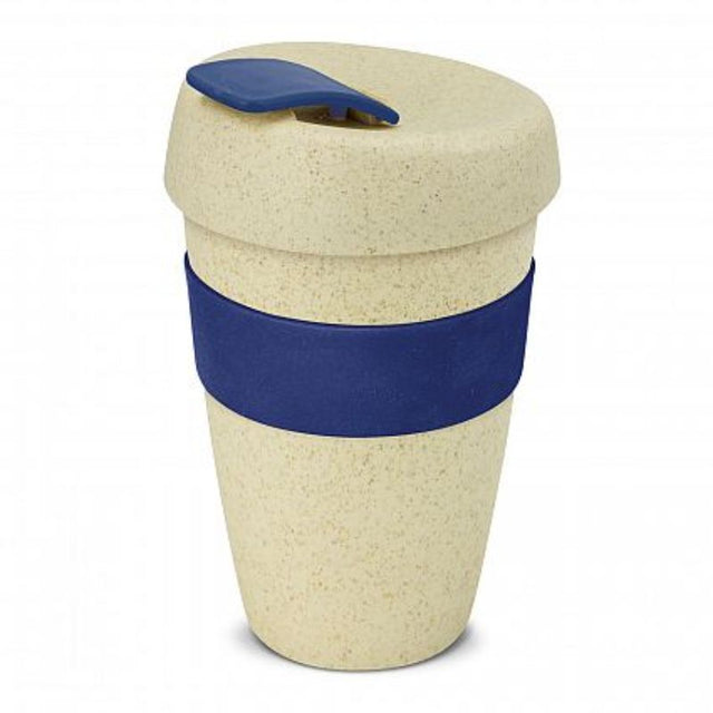 Set of 12 eco-friendly 480ml coffee cups in natural and dark blue, made from rice husk and BPA-free material, featuring a secure lid.
