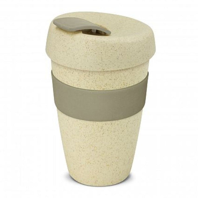 Set of 12 eco-friendly 480ml reusable cups in natural and grey, made from rice husk fiber and BPA-free polypropylene.