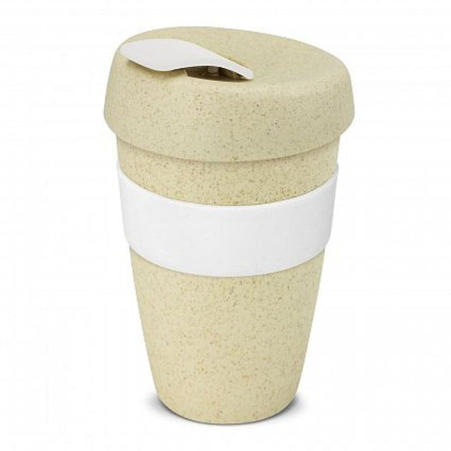 Set of 12 eco-friendly 480ml Express Cups made from rice husk and polypropylene with silicone bands and splashproof lids.
