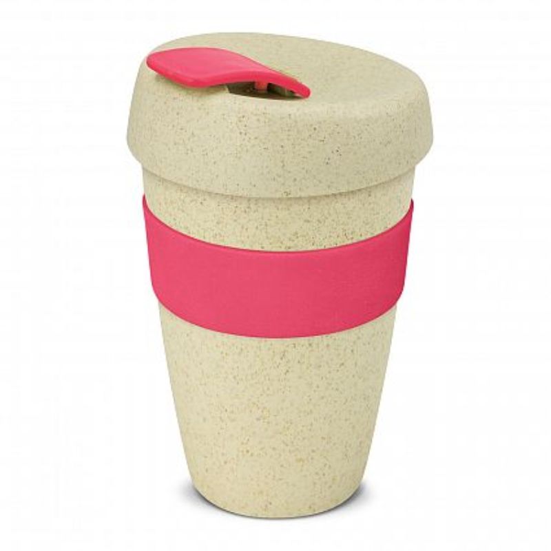 Set of 12 eco-friendly 480ml reusable coffee cups in natural and pink, made from rice husk and BPA-free materials.