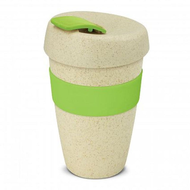 Set of 12 bright green 480ml reusable coffee cups made from rice husk and BPA-free polypropylene, featuring silicone bands and screw-on lids.
