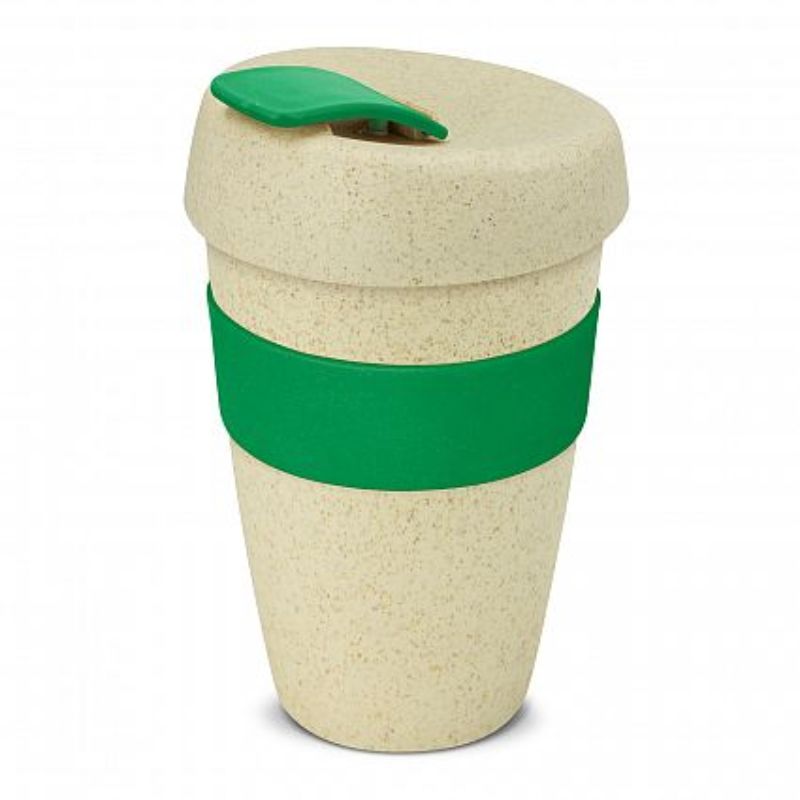 Set of 12 eco-friendly 480ml natural/dark green cups made from rice husk fiber and polypropylene, featuring silicone bands and secure lids.