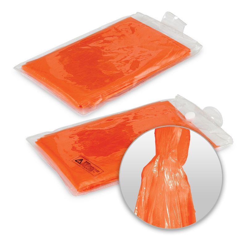 Orange emergency ponchos in a set of 50, offering waterproof protection with hoods for adults; compact and portable for any weather.