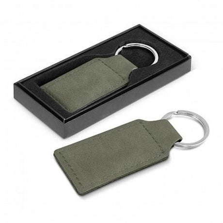 Set of 30 elegant grey PU leather key rings with matching stitching, presented in a stylish black gift box.