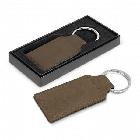 Dark brown rectangular PU leather key rings with elegant stitching, set of 30 in a stylish black gift box.