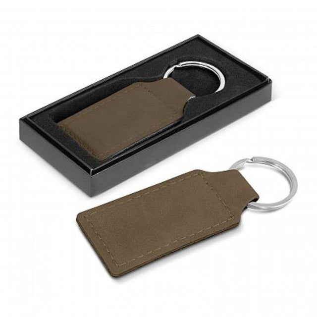 Dark brown rectangular PU leather key rings with elegant stitching, set of 30 in a stylish black gift box.