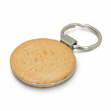 Round natural beech wood key ring set of 12 with metal trim, elegantly packaged in a black gift box.