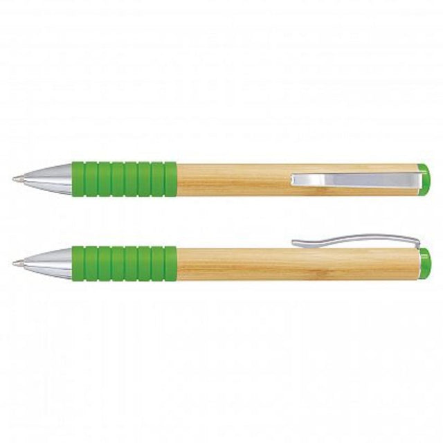 Bright green bamboo twist pens set of 50 with chrome trim, soft grip, and 300m high-quality ink for sustainable writing.