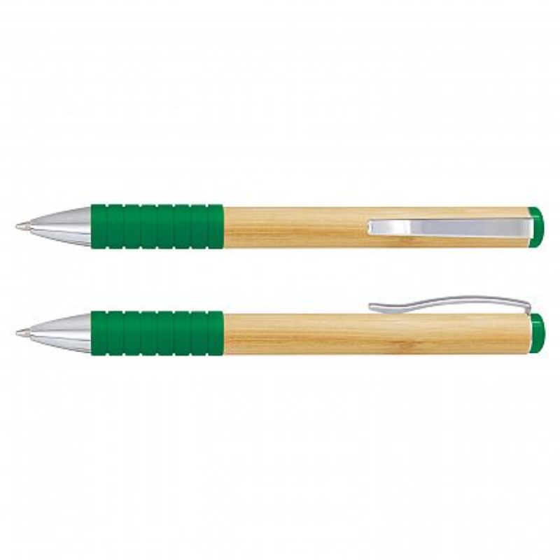 Set of 50 dark green bamboo twist pens with chrome trim, soft-touch grip, and 300 meters of smooth writing ink.