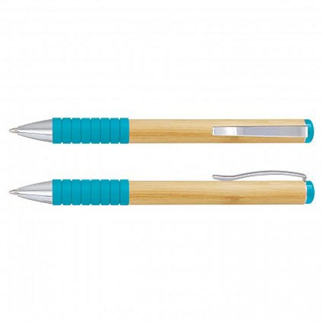 Light blue bamboo twist pens with chrome trim, eco-friendly design, and soft grip, perfect for writing and giveaways. Set of 50.