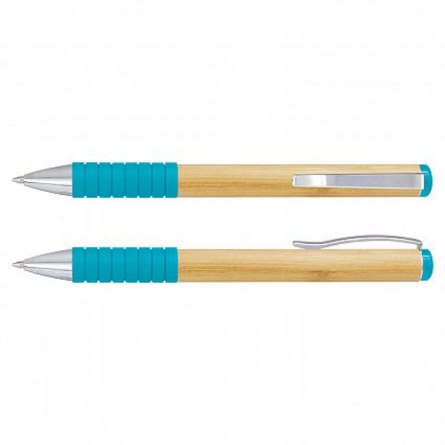 Light blue bamboo twist pens with chrome trim, eco-friendly design, and soft grip, perfect for writing and giveaways. Set of 50.