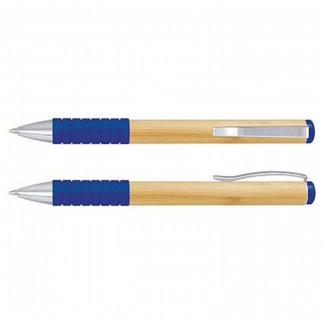 Bamboo Twist Pen set in royal blue, featuring eco-friendly bamboo barrel and chrome trim for stylish, comfortable writing.