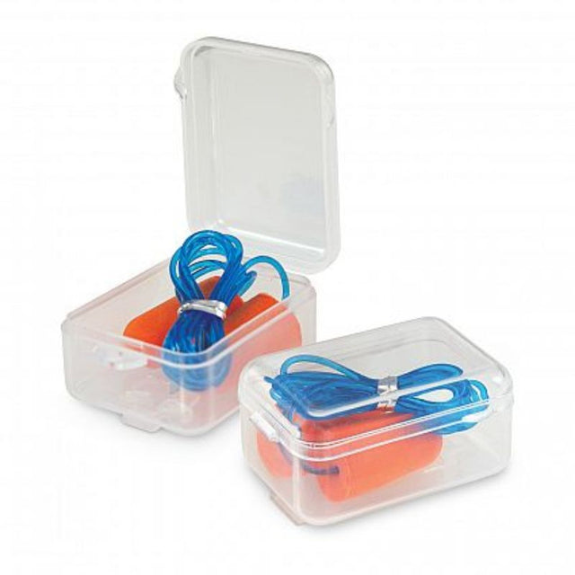Bright orange foam earplugs in a clear case, designed for comfort and noise reduction, perfect for travel and easy storage.
