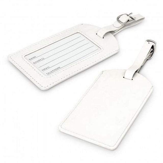 Set of 50 sleek white Aero luggage tags with adjustable straps, address cards, and durable leather-look finish.
