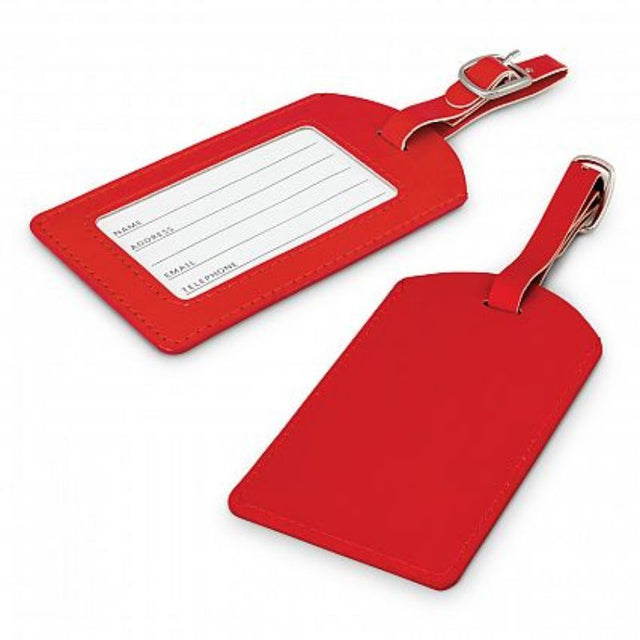 Set of 50 red leather-look PU luggage tags with address cards and adjustable straps for easy travel organization.