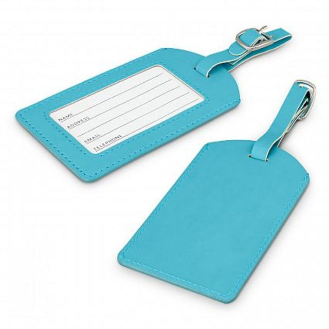Set of 50 light blue leather-look luggage tags with adjustable straps, stylish design, and personalization options.