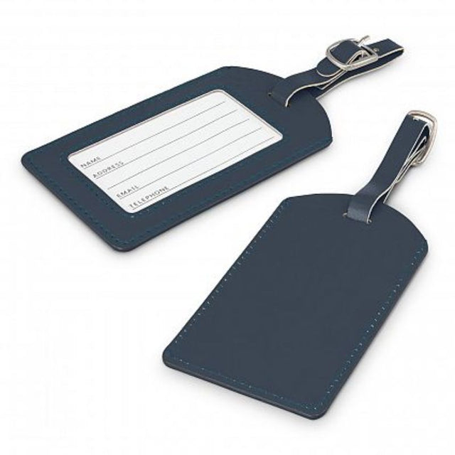 Set of 50 dark blue leather-look PU luggage tags with address cards and adjustable straps for easy identification.