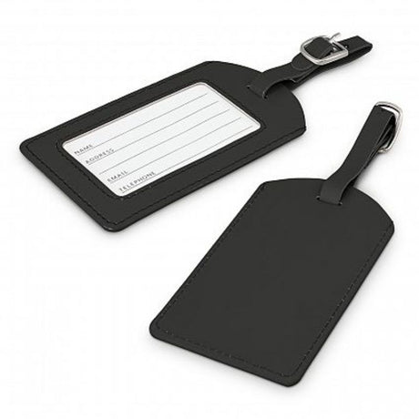 Set of 50 sleek black luggage tags with adjustable straps and address cards for stylish and secure travel identification.
