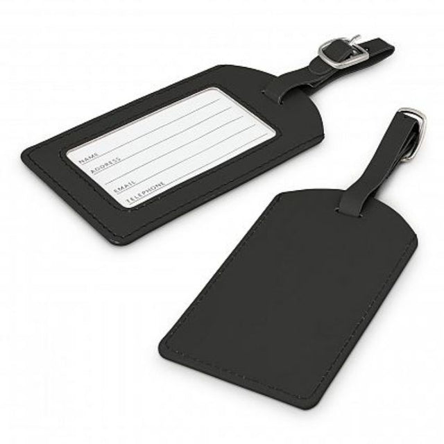 Set of 50 sleek black luggage tags with adjustable straps and address cards for stylish and secure travel identification.