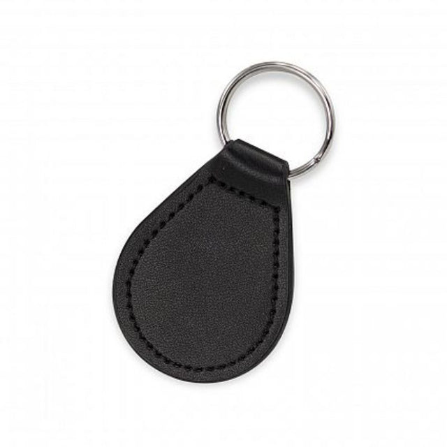 Round black leather keyring with matching stitching, presented in an elegant gift box, perfect for stylish organization.